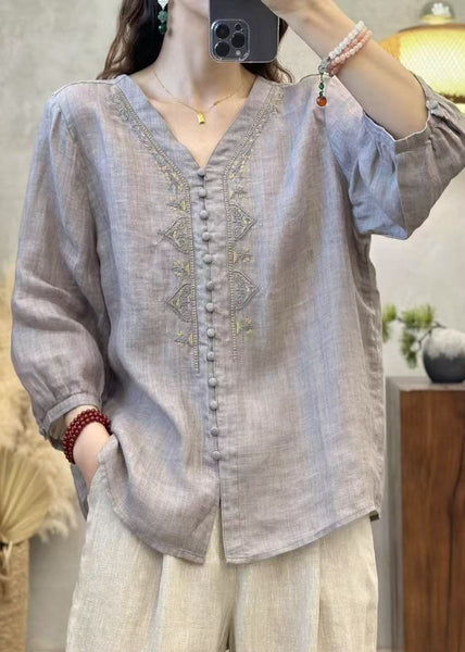 Shirts Sleeve Grey Linen Neck Bracelet Embroidered V Elegant FashionChic