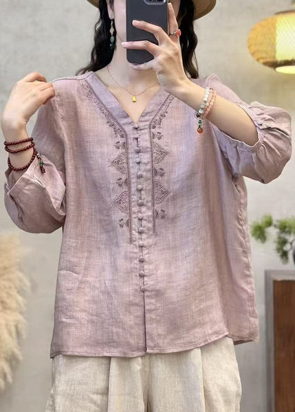 Shirts Sleeve Grey Linen Neck Bracelet Embroidered V Elegant FashionChic