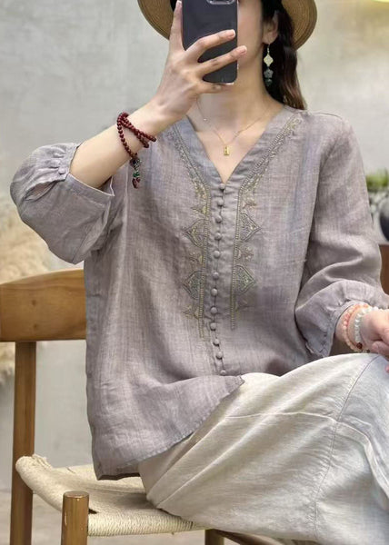 Shirts Sleeve Grey Linen Neck Bracelet Embroidered V Elegant FashionChic