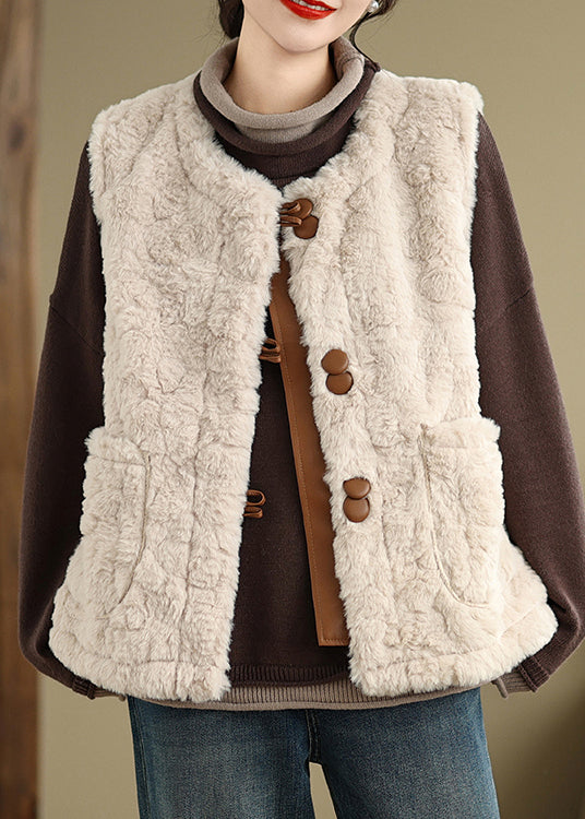 Elegant Khaki Button Pockets Teddy Faux Fur Waistcoat Sleeveless ER028 ABC