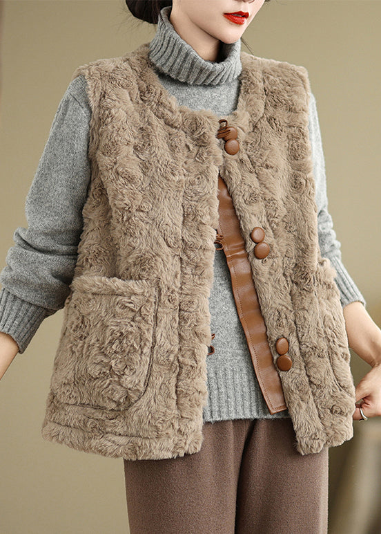 Elegant Khaki Button Pockets Teddy Faux Fur Waistcoat Sleeveless ER028 ABC