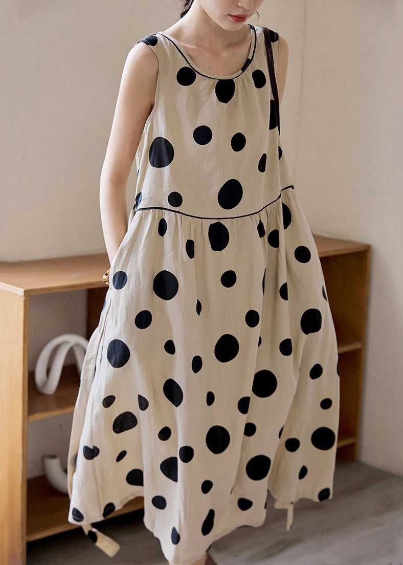 Tie Pockets Waist Elegant Long Dress Cotton Dot Sleeveless Khaki FashionChic