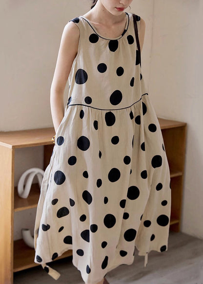 Tie Pockets Waist Elegant Long Dress Cotton Dot Sleeveless Khaki FashionChic