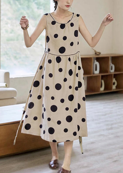 Tie Long Sleeveless Dress Cotton Pockets Elegant Dot Waist Khaki FashionChic