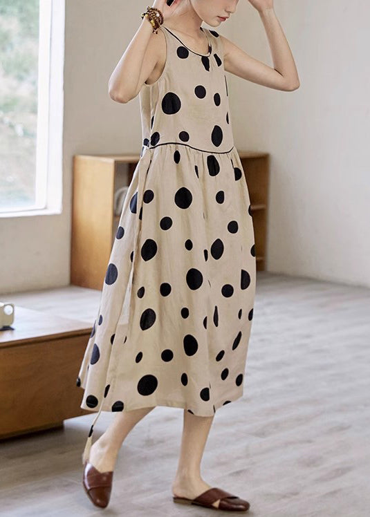 Tie Pockets Waist Elegant Long Dress Cotton Dot Sleeveless Khaki FashionChic