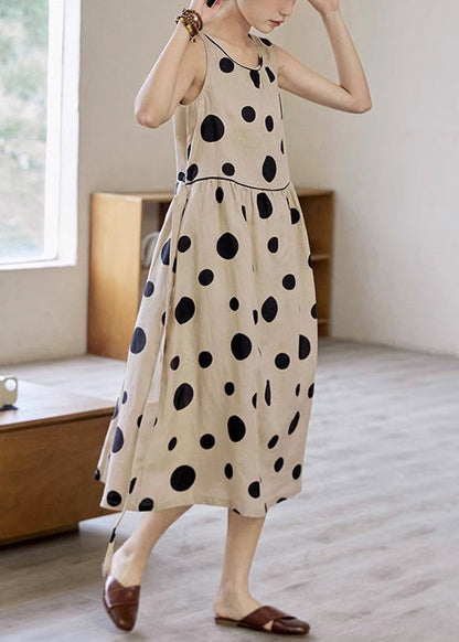 Tie Pockets Waist Elegant Long Dress Cotton Dot Sleeveless Khaki FashionChic
