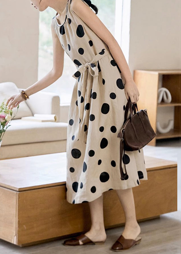 Tie Pockets Waist Elegant Long Dress Cotton Dot Sleeveless Khaki FashionChic