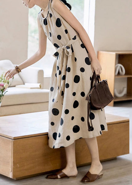 Tie Long Sleeveless Dress Cotton Pockets Elegant Dot Waist Khaki FashionChic