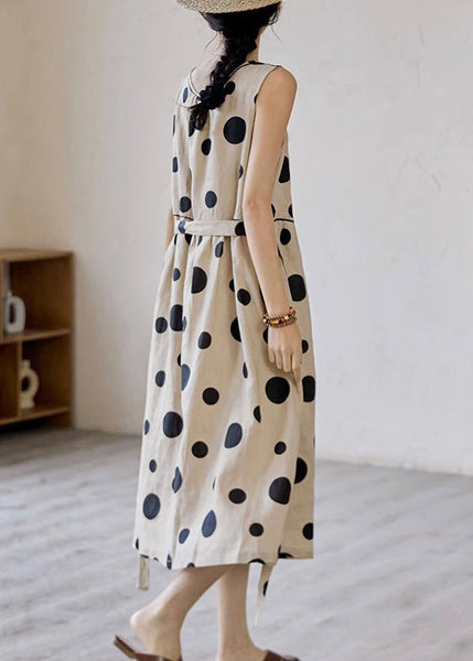 Tie Long Sleeveless Dress Cotton Pockets Elegant Dot Waist Khaki FashionChic