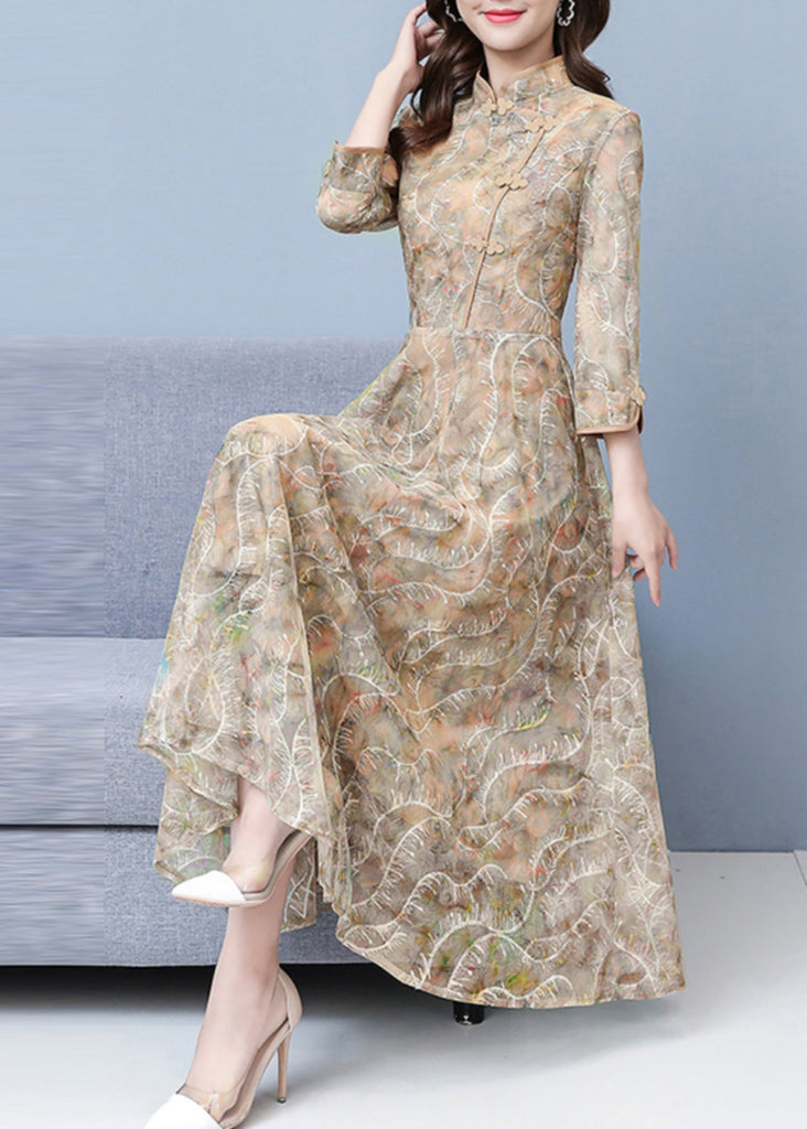 Elegant Khaki Print Exra Large Hem Lace Oriental Dresses Spring OO026 OM-CS240814