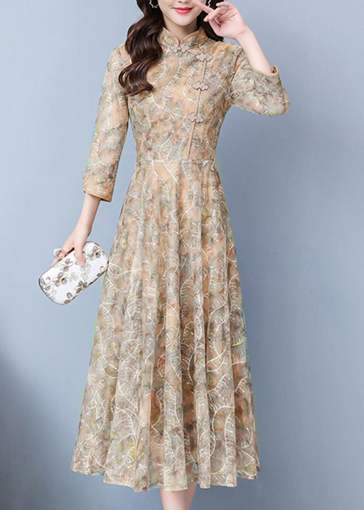 Elegant Khaki Print Exra Large Hem Lace Oriental Dresses Spring OO026 OM-CS240814