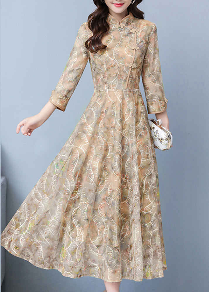 Elegant Khaki Print Exra Large Hem Lace Oriental Dresses Spring OO026 OM-CS240814