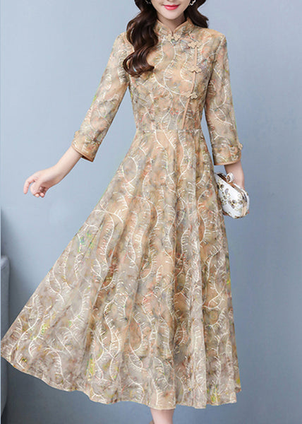 Elegant Khaki Print Exra Large Hem Lace Oriental Dresses Spring OO026 OM-CS240814