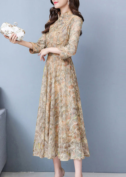 Elegant Khaki Print Exra Large Hem Lace Oriental Dresses Spring OO026 OM-CS240814