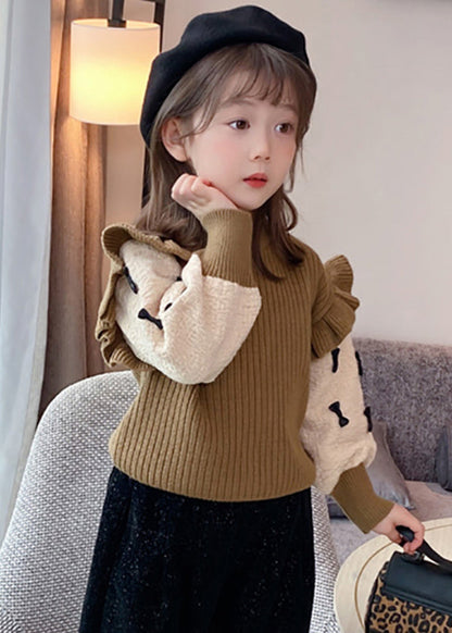 Elegant Khaki Ruffled Patchwork Bow Cotton Knit Kids Sweaters Winter WL046 MM-RCTZ-NTGP241120