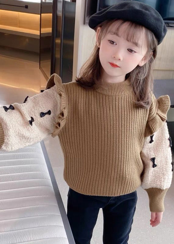 Elegant Khaki Ruffled Patchwork Bow Cotton Knit Kids Sweaters Winter WL046 MM-RCTZ-NTGP241120