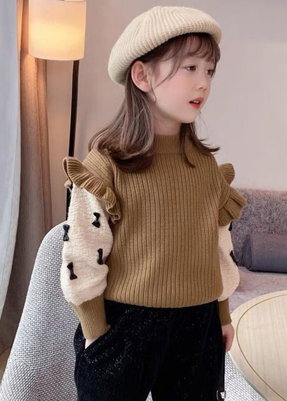 Elegant Khaki Ruffled Patchwork Bow Cotton Knit Kids Sweaters Winter WL046 MM-RCTZ-NTGP241120