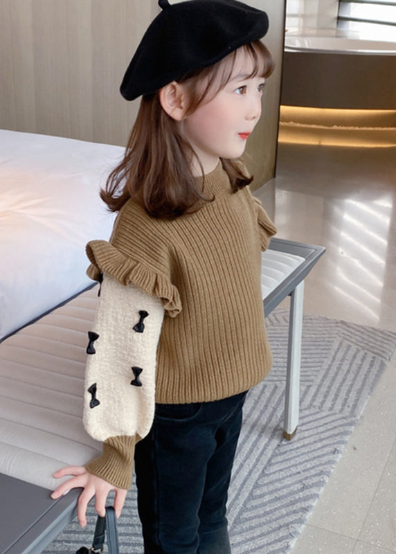 Elegant Khaki Ruffled Patchwork Bow Cotton Knit Kids Sweaters Winter WL046 MM-RCTZ-NTGP241120