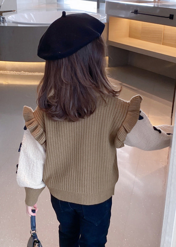 Elegant Khaki Ruffled Patchwork Bow Cotton Knit Kids Sweaters Winter WL046 MM-RCTZ-NTGP241120