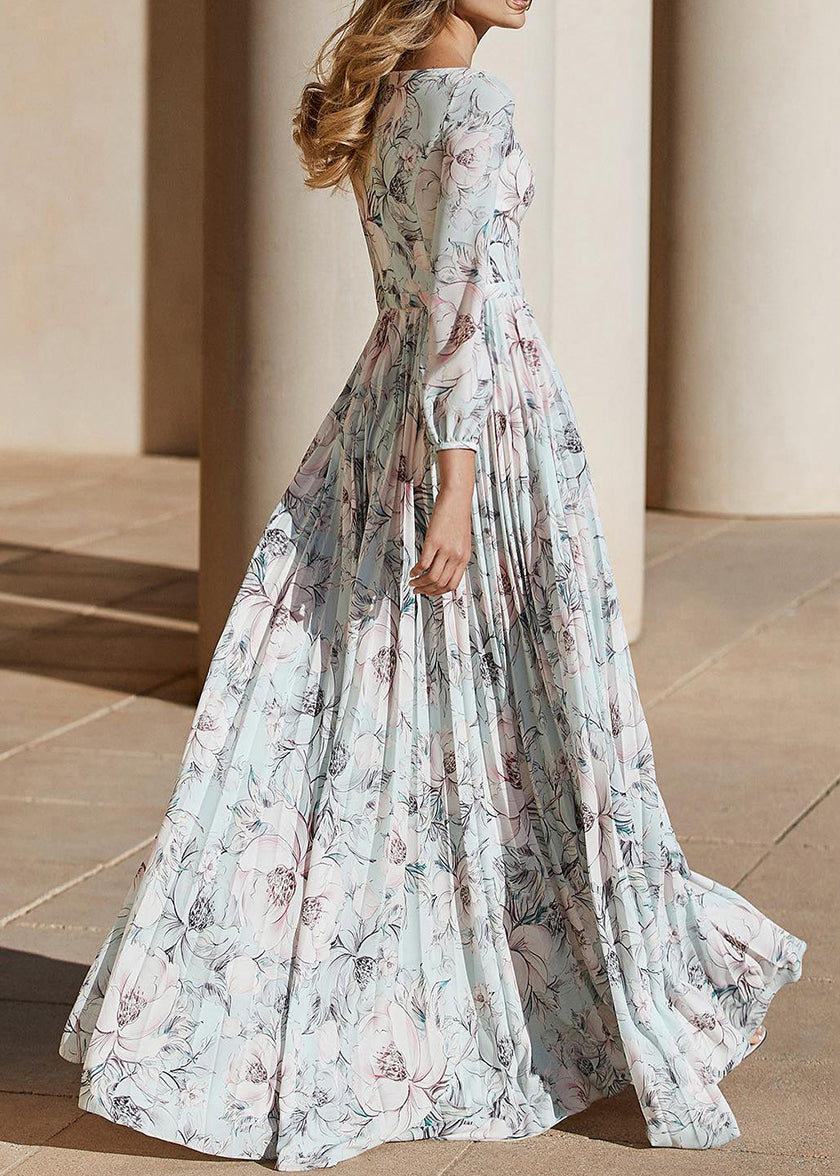 Elegant Light Blue Print Wrinkled Chiffon Ankle Dress Fall AM1030 Genistyle Shop