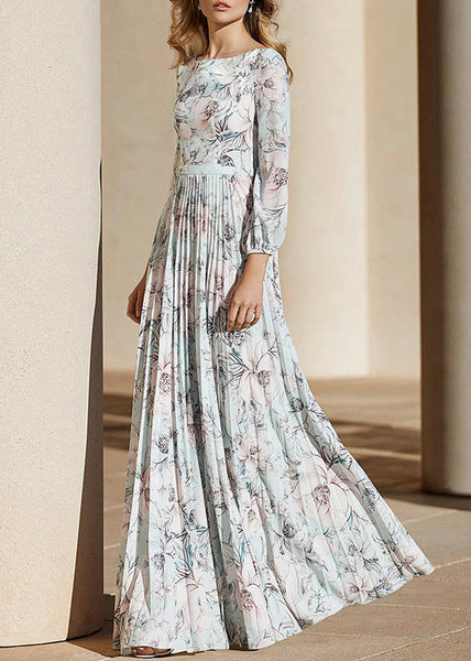 Elegant Light Blue Print Wrinkled Chiffon Ankle Dress Fall AM1030 Genistyle Shop