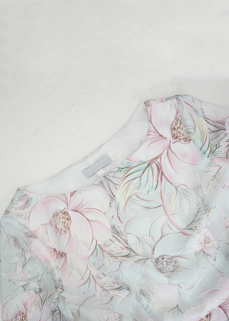 Elegant Light Blue Print Wrinkled Chiffon Ankle Dress Fall AM1030 Genistyle Shop