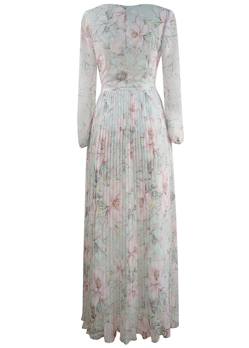 Elegant Light Blue Print Wrinkled Chiffon Ankle Dress Fall AM1030 Genistyle Shop