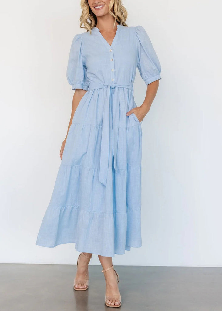 Elegant Light Blue V Neck Pockets Cotton Long Dress Summer AU1005 OM-ZS240902