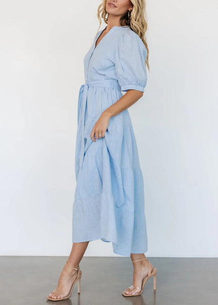 Elegant Light Blue V Neck Pockets Cotton Long Dress Summer AU1005 OM-ZS240902