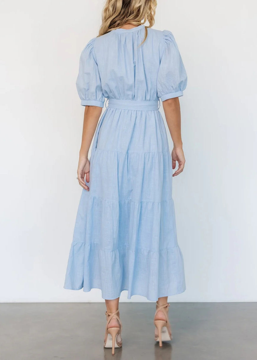 Elegant Light Blue V Neck Pockets Cotton Long Dress Summer AU1005 OM-ZS240902