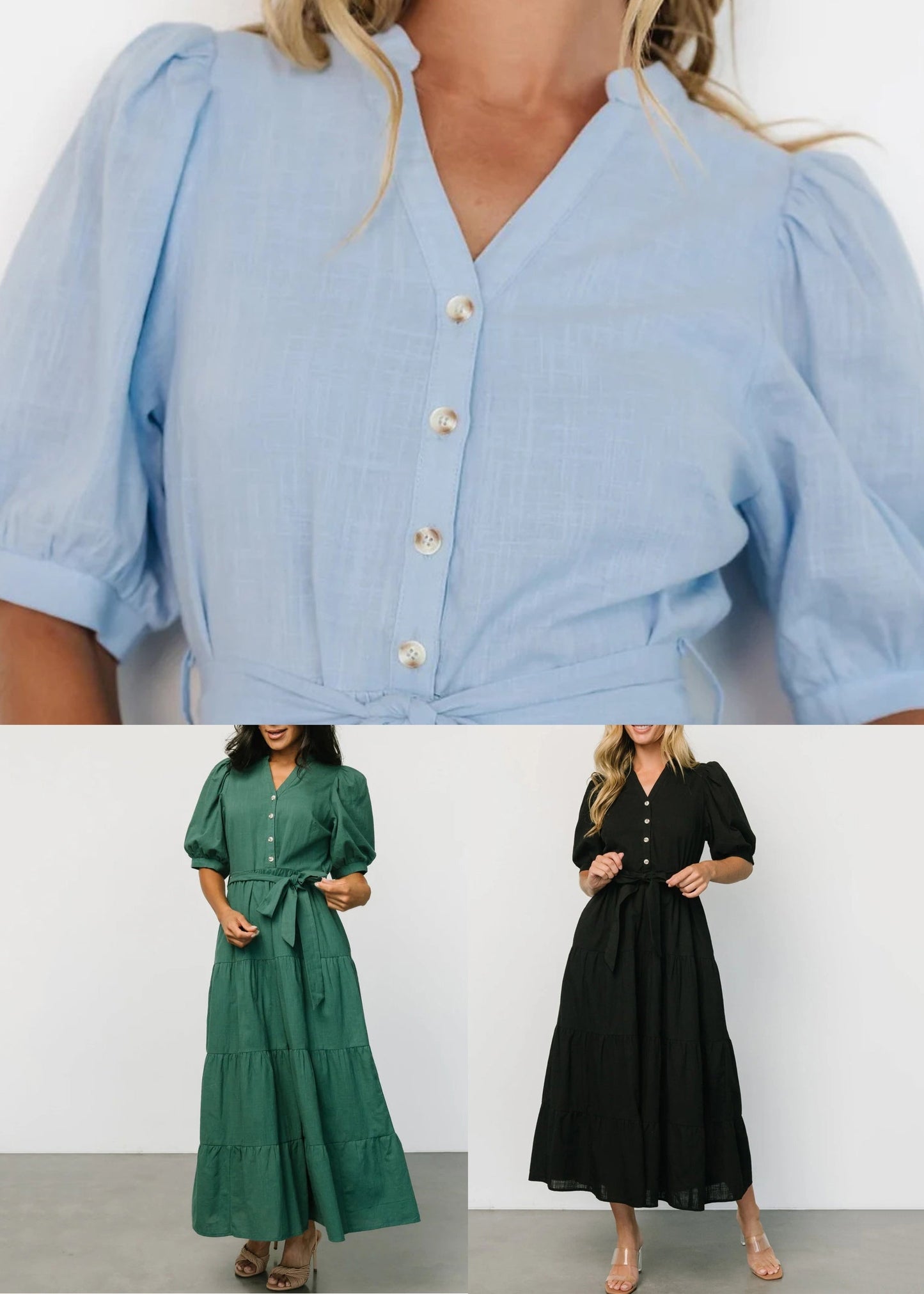 Elegant Light Blue V Neck Pockets Cotton Long Dress Summer AU1005 OM-ZS240902