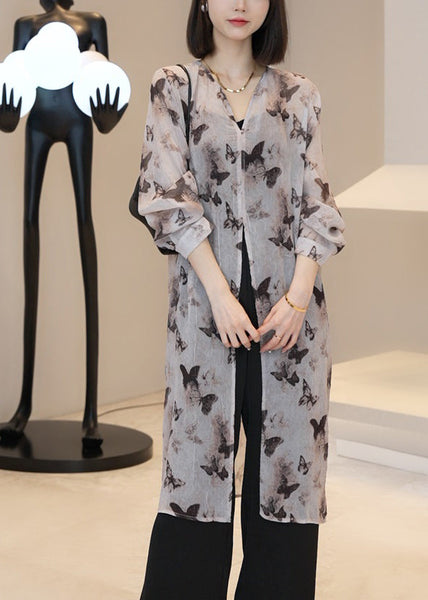 Elegant Light Brown V Neck Print Long Cardigan Summer UU1002 SH-LF-CDG240526