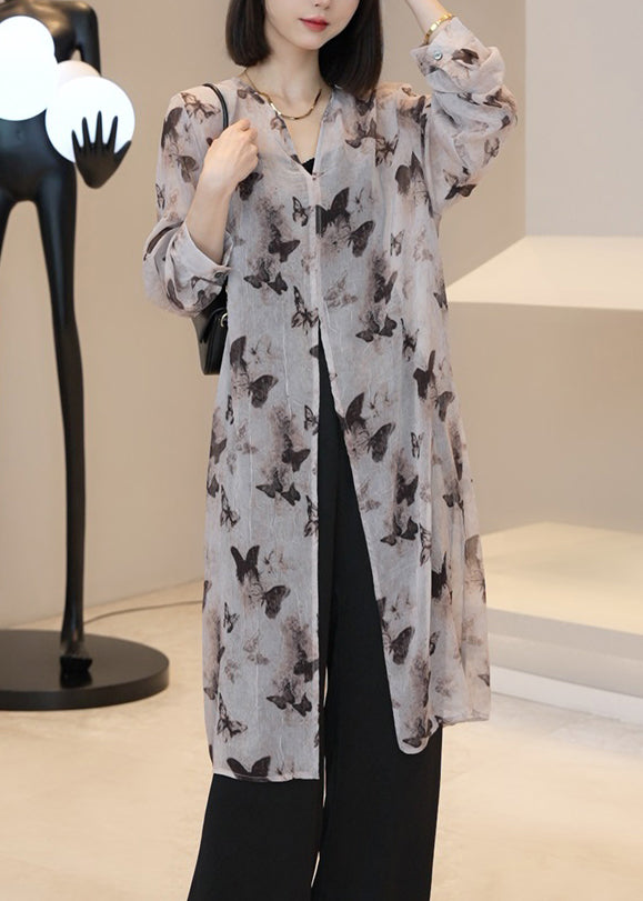 Elegant Light Brown V Neck Print Long Cardigan Summer UU1002 SH-LF-CDG240526