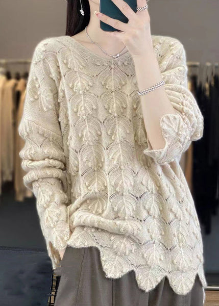 Elegant Light Camel V Neck Hollow Out Woolen Knit Sweaters Fall AB1050 Genistyle Shop