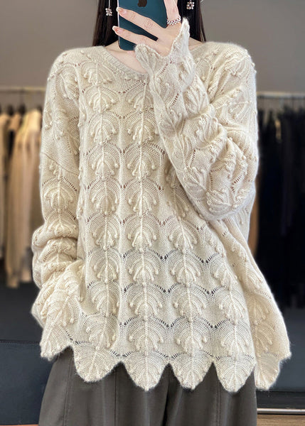Elegant Light Camel V Neck Hollow Out Woolen Knit Sweaters Fall AB1050 Genistyle Shop