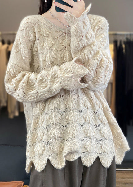 Elegant Light Camel V Neck Hollow Out Woolen Knit Sweaters Fall AB1050 Genistyle Shop