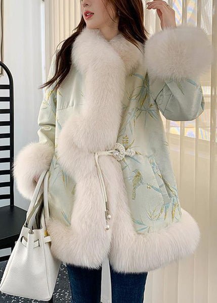 Elegant Light Green Fox Collar Embroidered Leather And Fur Coats Winter TY020