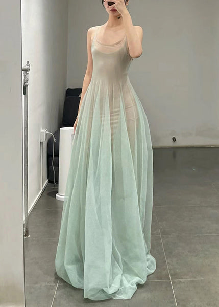 Elegant Light Green O-Neck Tulle Spaghetti Strap Dress Sleeveless KK006 SH-LF-SDL240602