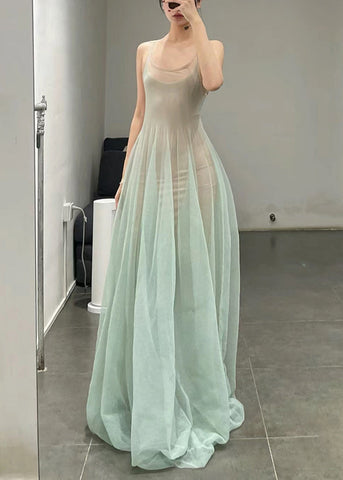 Elegant Light Green O-Neck Tulle Spaghetti Strap Dress Sleeveless KK006 SH-LF-SDL240602