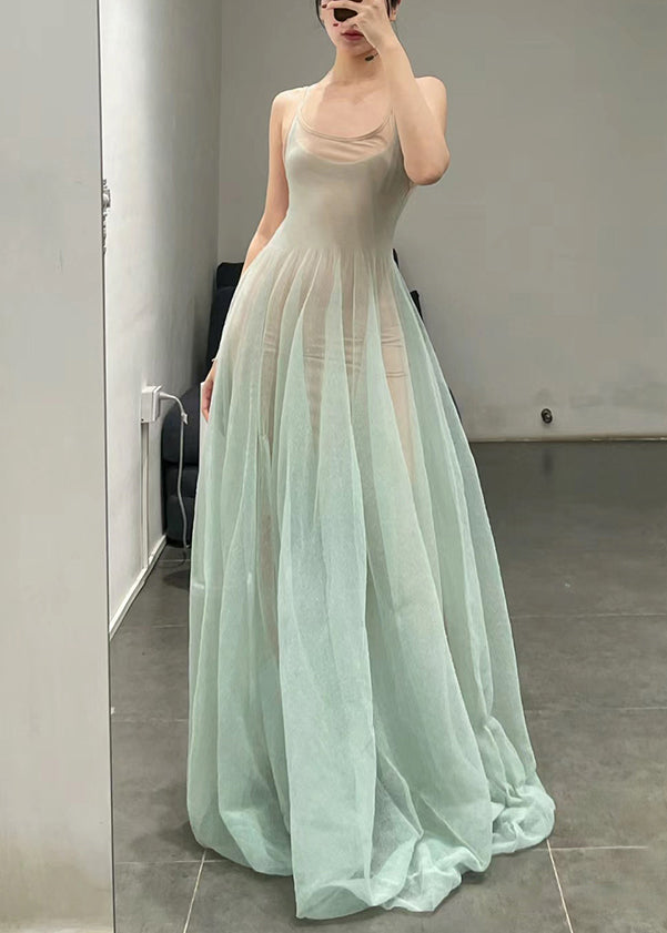 Elegant Light Green O-Neck Tulle Spaghetti Strap Dress Sleeveless KK006 SH-LF-SDL240602
