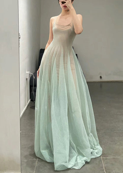Elegant Light Green O-Neck Tulle Spaghetti Strap Dress Sleeveless KK006 SH-LF-SDL240602
