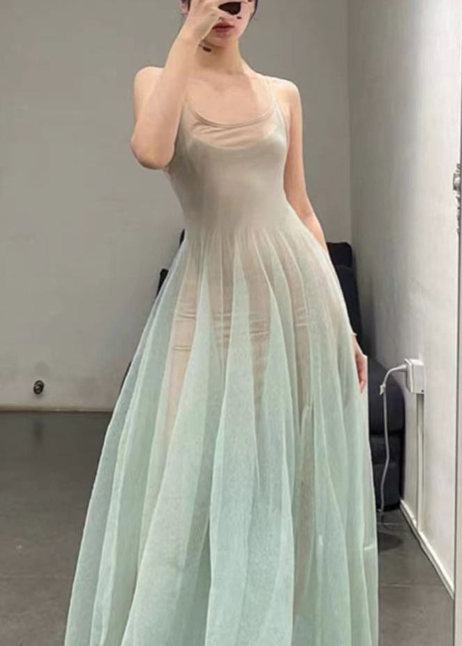 Elegant Light Green O-Neck Tulle Spaghetti Strap Dress Sleeveless KK006 SH-LF-SDL240602