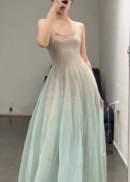 Elegant Light Green O-Neck Tulle Spaghetti Strap Dress Sleeveless KK006 SH-LF-SDL240602