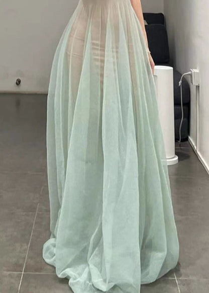 Elegant Light Green O-Neck Tulle Spaghetti Strap Dress Sleeveless KK006 SH-LF-SDL240602