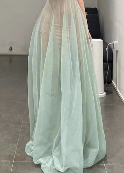 Elegant Light Green O-Neck Tulle Spaghetti Strap Dress Sleeveless KK006 SH-LF-SDL240602