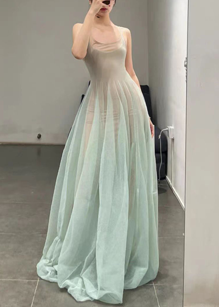 Elegant Light Green O-Neck Tulle Spaghetti Strap Dress Sleeveless KK006 SH-LF-SDL240602