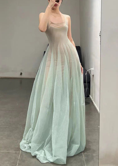 Elegant Light Green O-Neck Tulle Spaghetti Strap Dress Sleeveless KK006 SH-LF-SDL240602