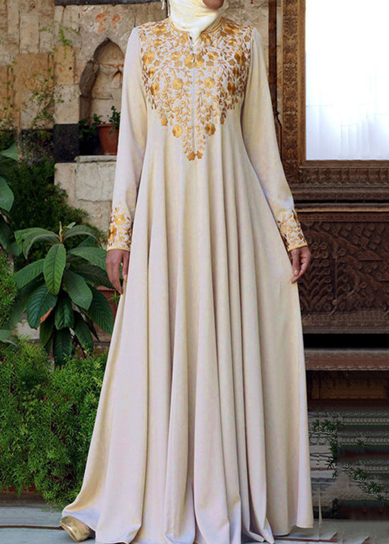 Elegant Light Grey O-Neck Print Cotton Dress Long Sleeve WW1046 Ada Fashion