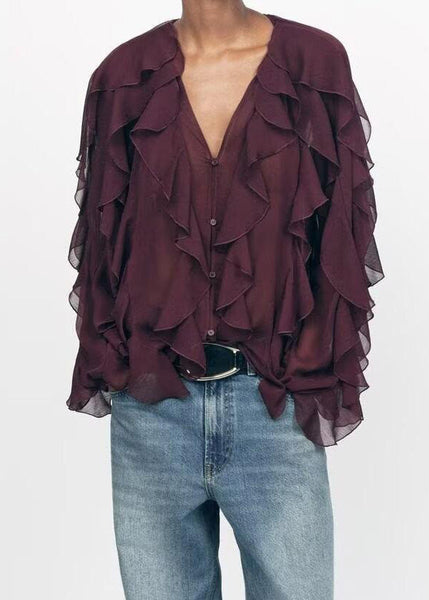 UPF Ruffles 50+ Yellow Light Summer Chiffon Elegant Shirt FashionChic