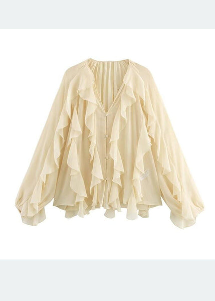 UPF Ruffles 50+ Yellow Light Summer Chiffon Elegant Shirt FashionChic
